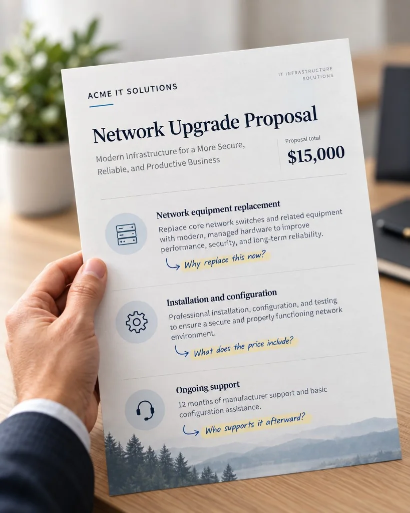 A hand holding an ACME IT Solutions network upgrade proposal totaling $15,000, with three reviewer questions annotated