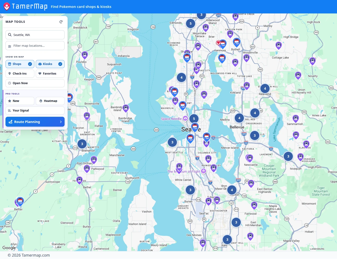 Tamermap showing card shops, Pokémon card vending kiosks, search controls, and filters across the Seattle area.