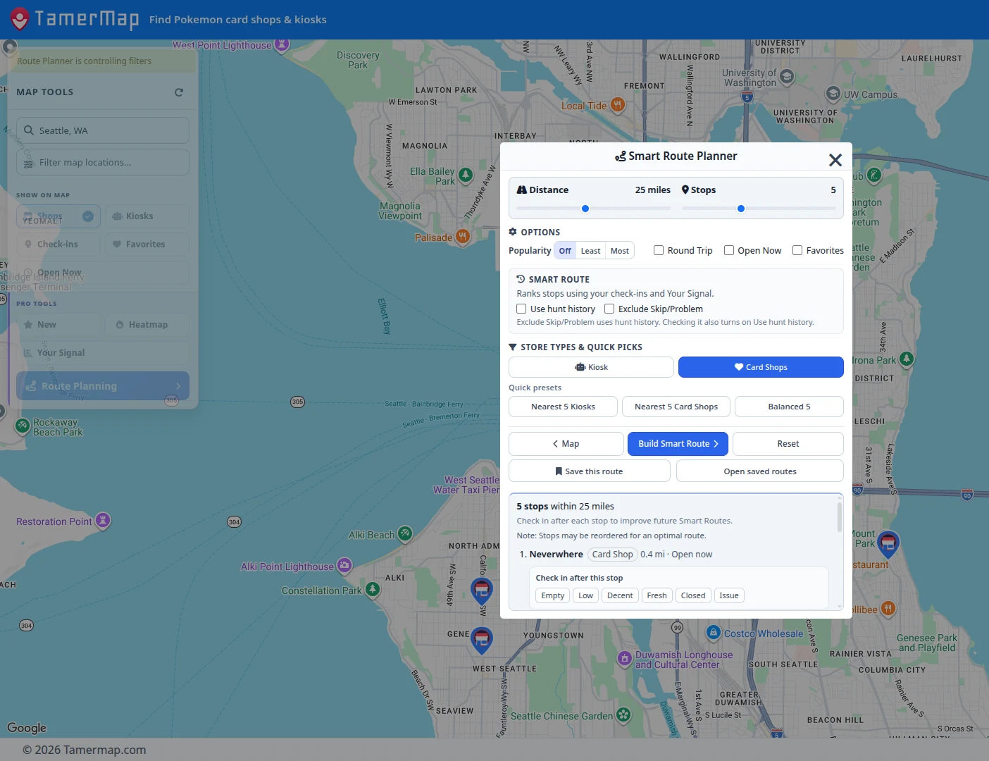 Tamermap Smart Route Planner displaying controls and five card shop stops around Seattle.